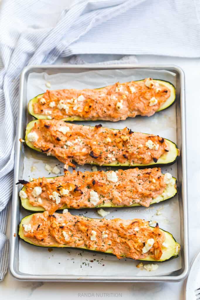 chicken zucchini boats on a sheet pan