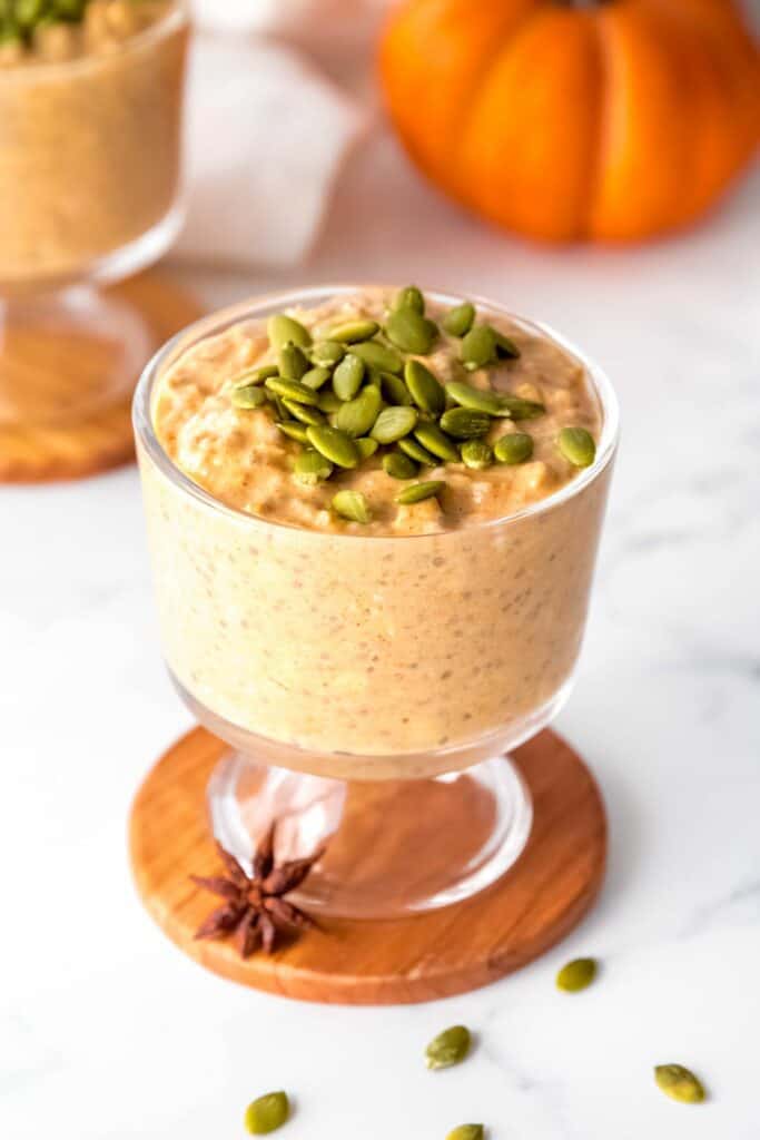 pumpkin seeds overtop overnight oats with chia seeds