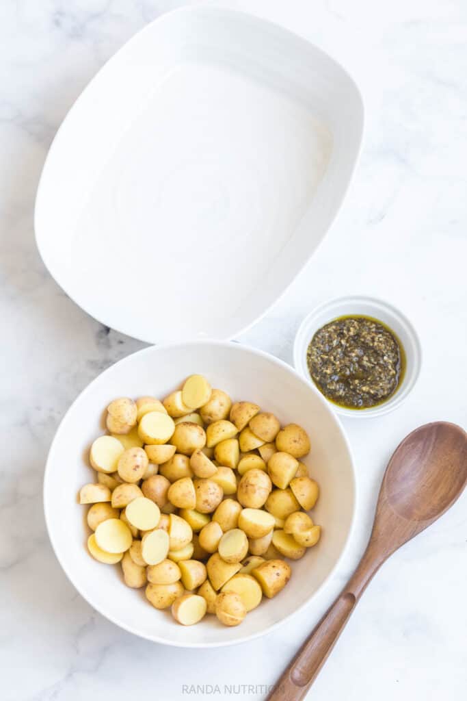 ingredients for pesto potatoes (jarred pesto and baby potatoes)