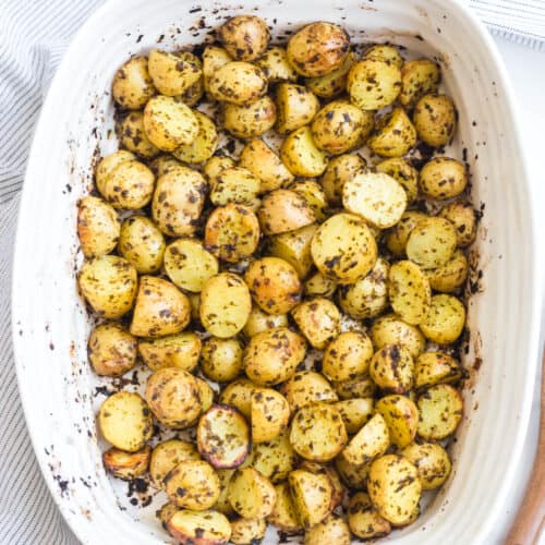 roasted pesto potatoes with only two ingredients: jarred pesto and baby potatoes