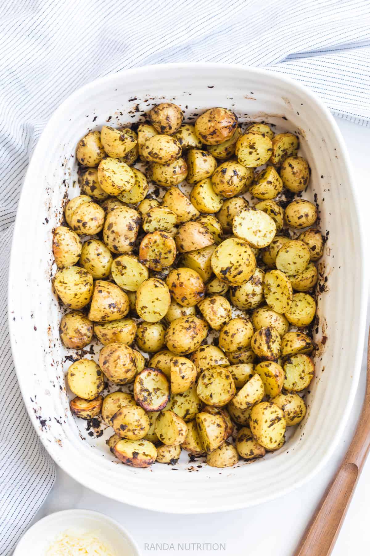 roasted pesto potatoes with only two ingredients: jarred pesto and baby potatoes