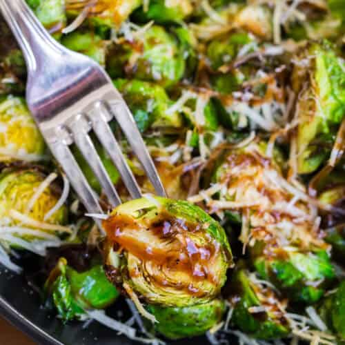 crispy brussels sprouts on a fork