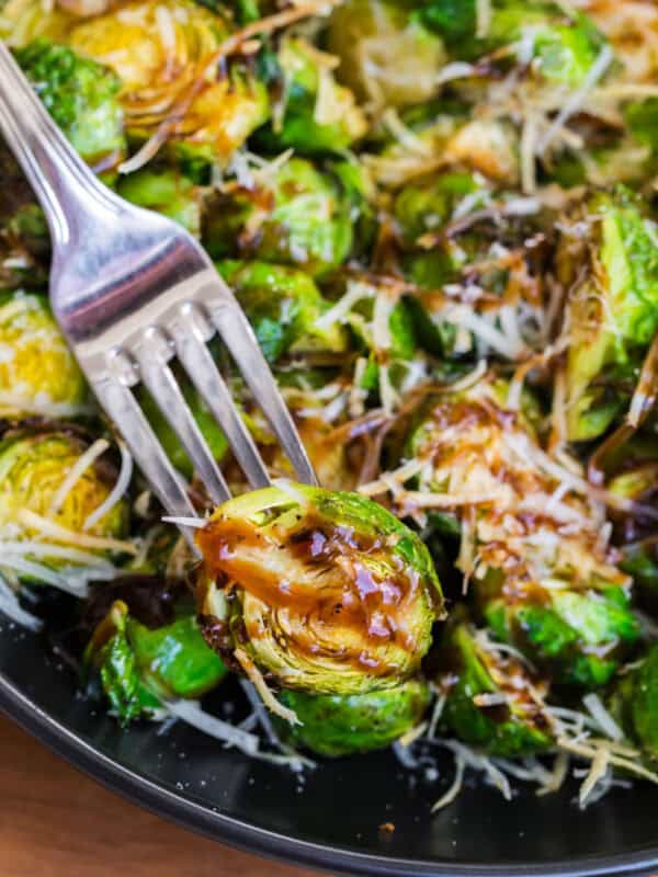 crispy brussels sprouts on a fork