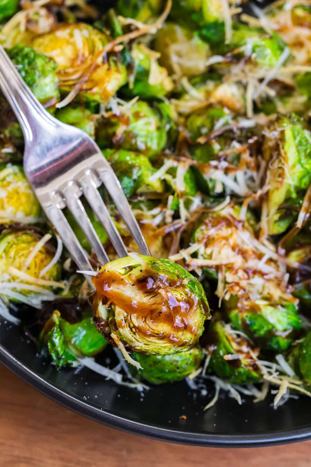 crispy brussels sprouts on a fork