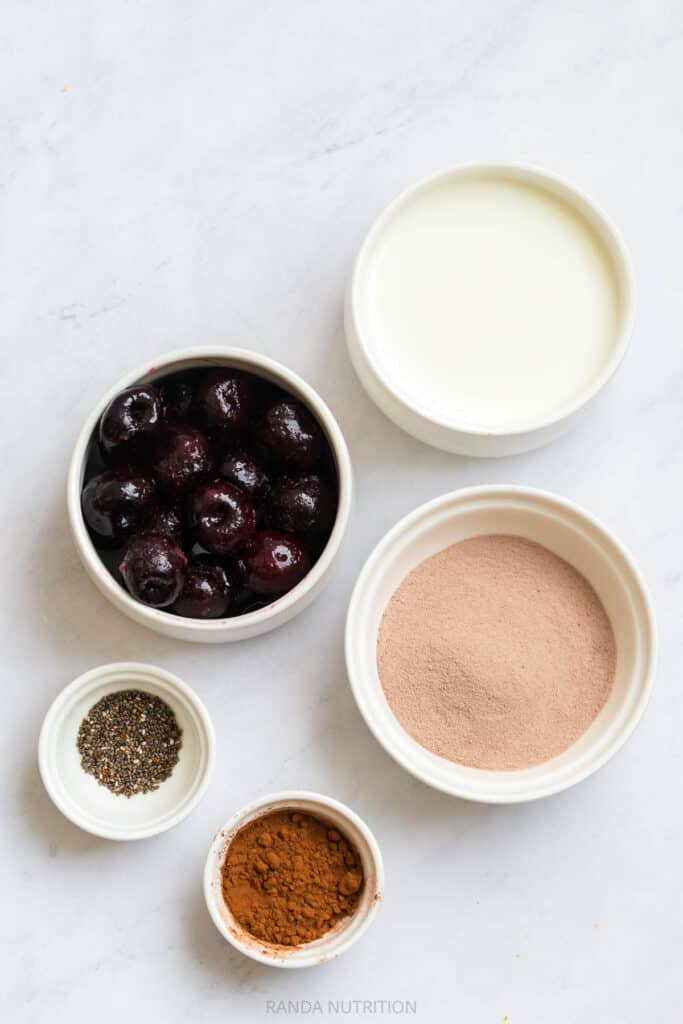 smoothie ingredients for a high protein chocolate cherry protein shake