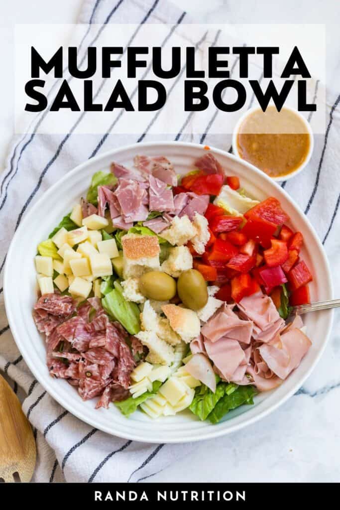 If you love the classic new orleans sandwich then you'll love this Muffuletta Salad. Romain lettuce, mortadella, capicoli, salami, provolne, mozzarella, , bell peppers, courtons and a red wine muffuletta dressing make this salad amazing.