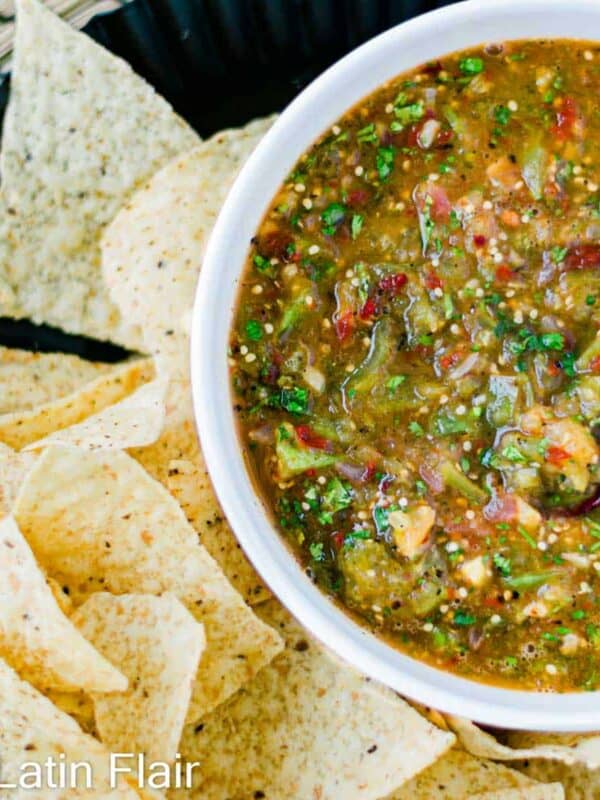 FEATURED tomatillo chipotle salsa in white bowl and tortilla chips