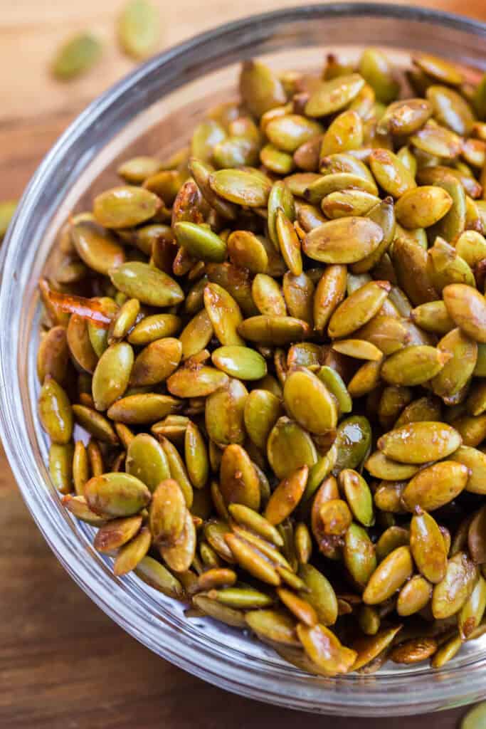 sweet and spicy pumpkin seeds in a bowl