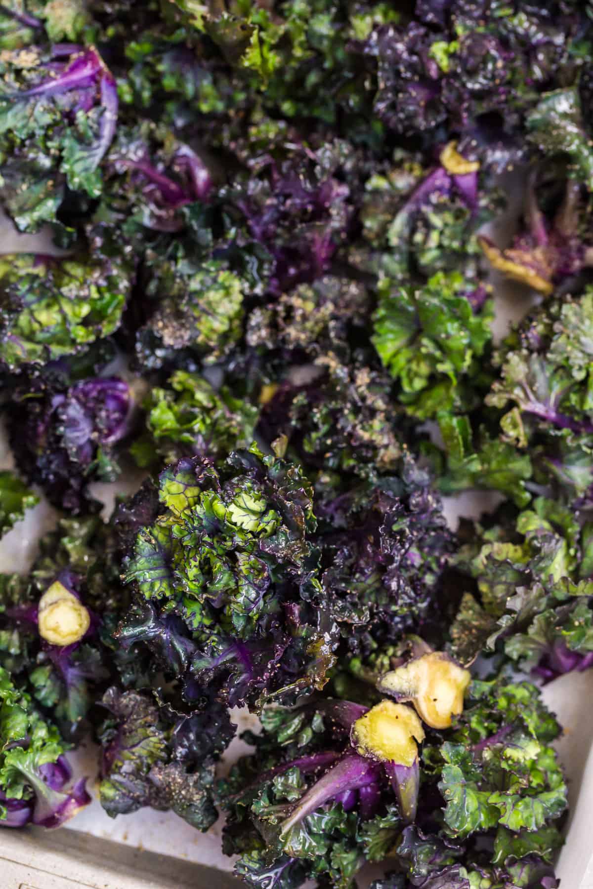 raw kale sprouts drizzled with olive oil, salt, pepper, and garlic powder