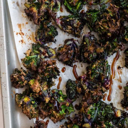 drizzled balsamic glaze over roasted greens