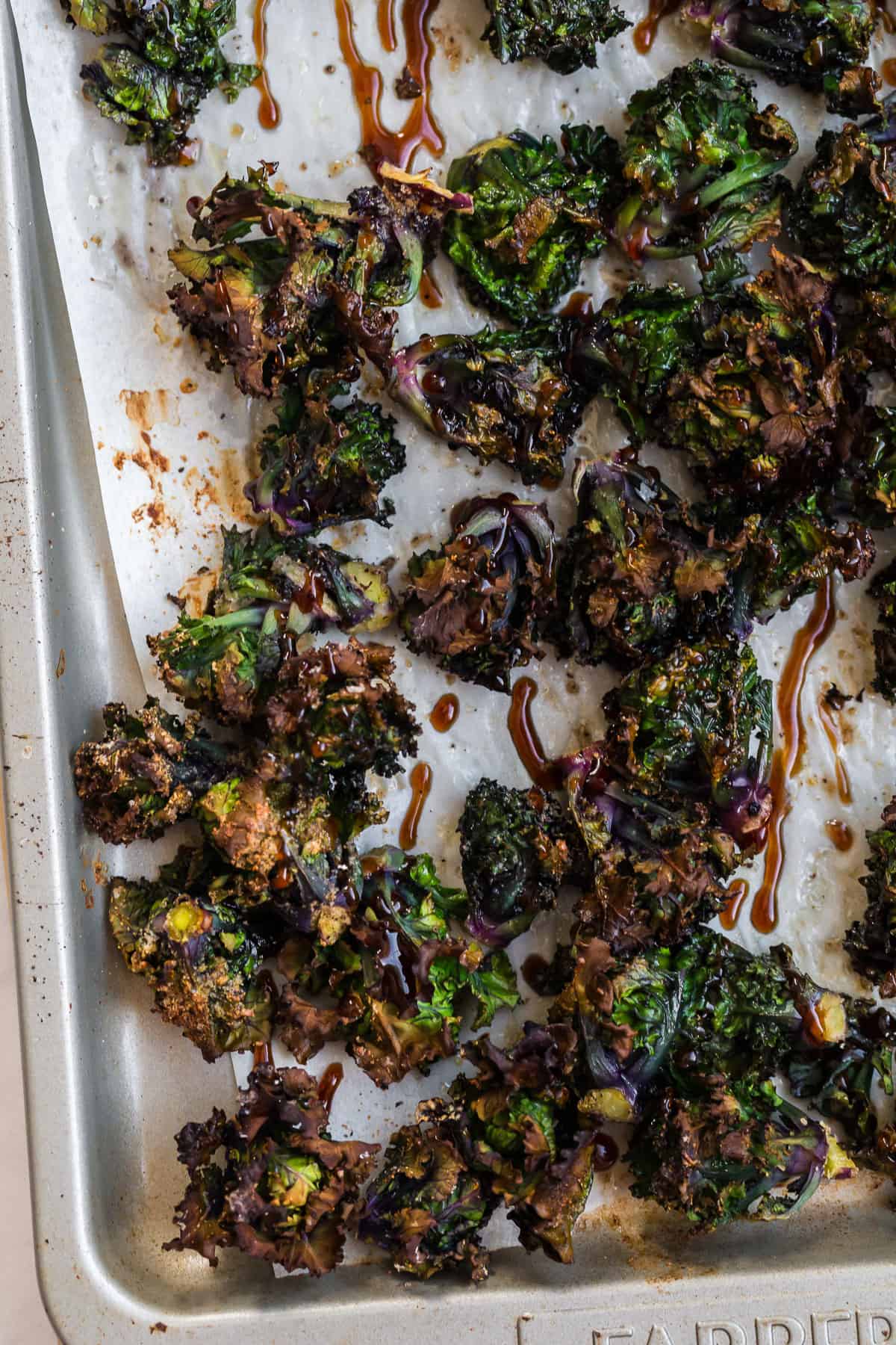 drizzled balsamic glaze over roasted greens